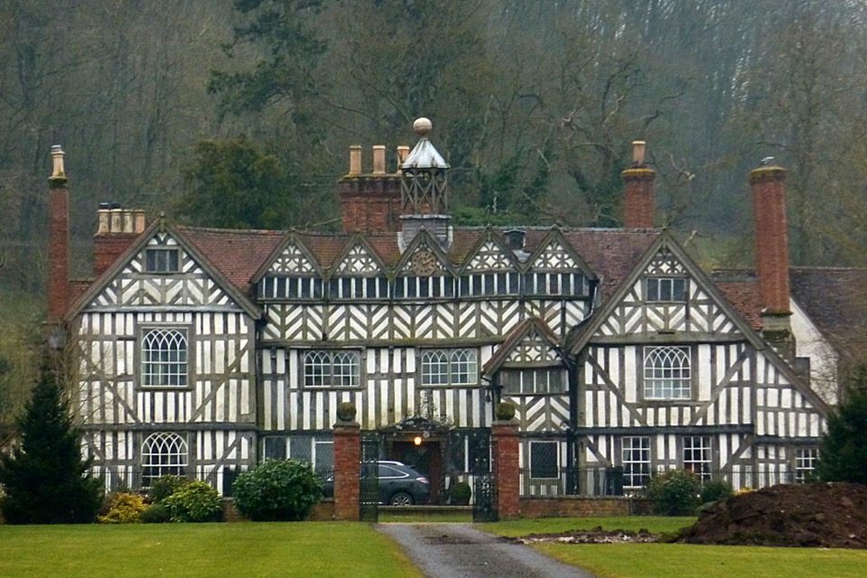 Mere Hall, a large black and white timber framed house in Worcestershire